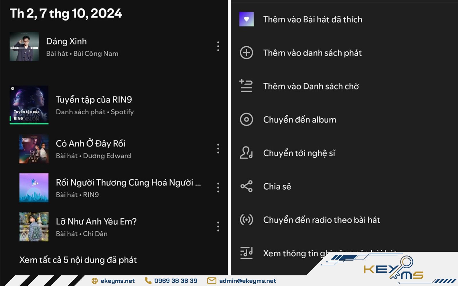 Thao tác bổ sung khi xem lịch sử nghe nhạc Spotify