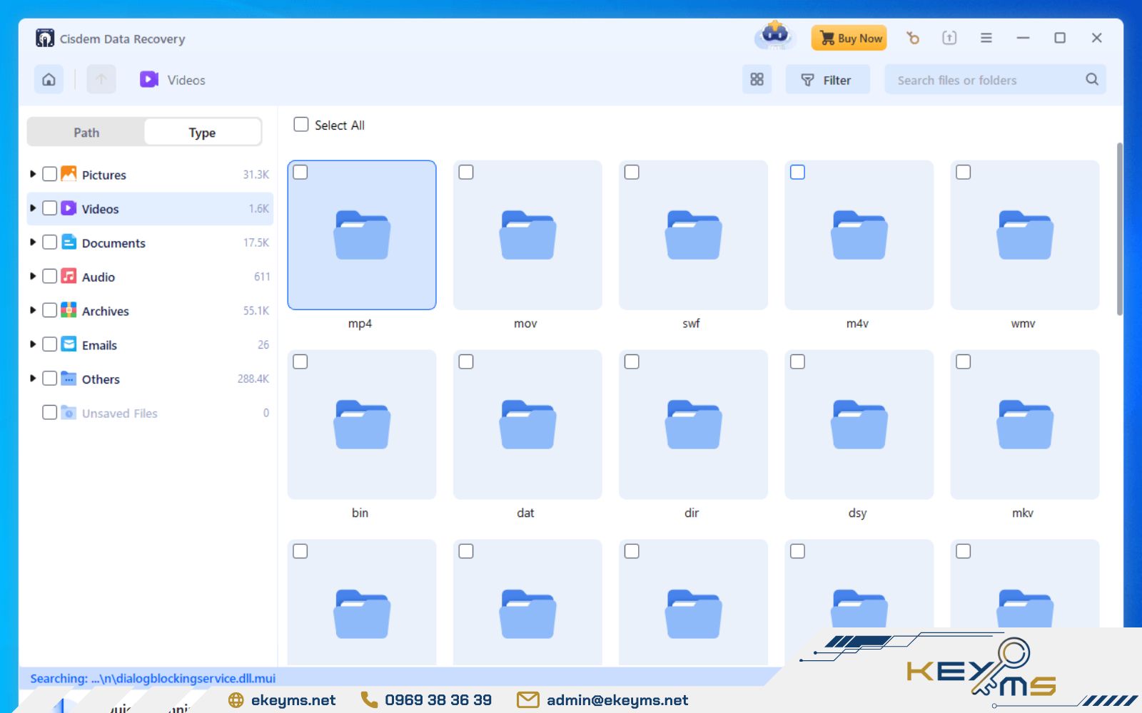 Chọn Type → Videos để tìm video đã xóa