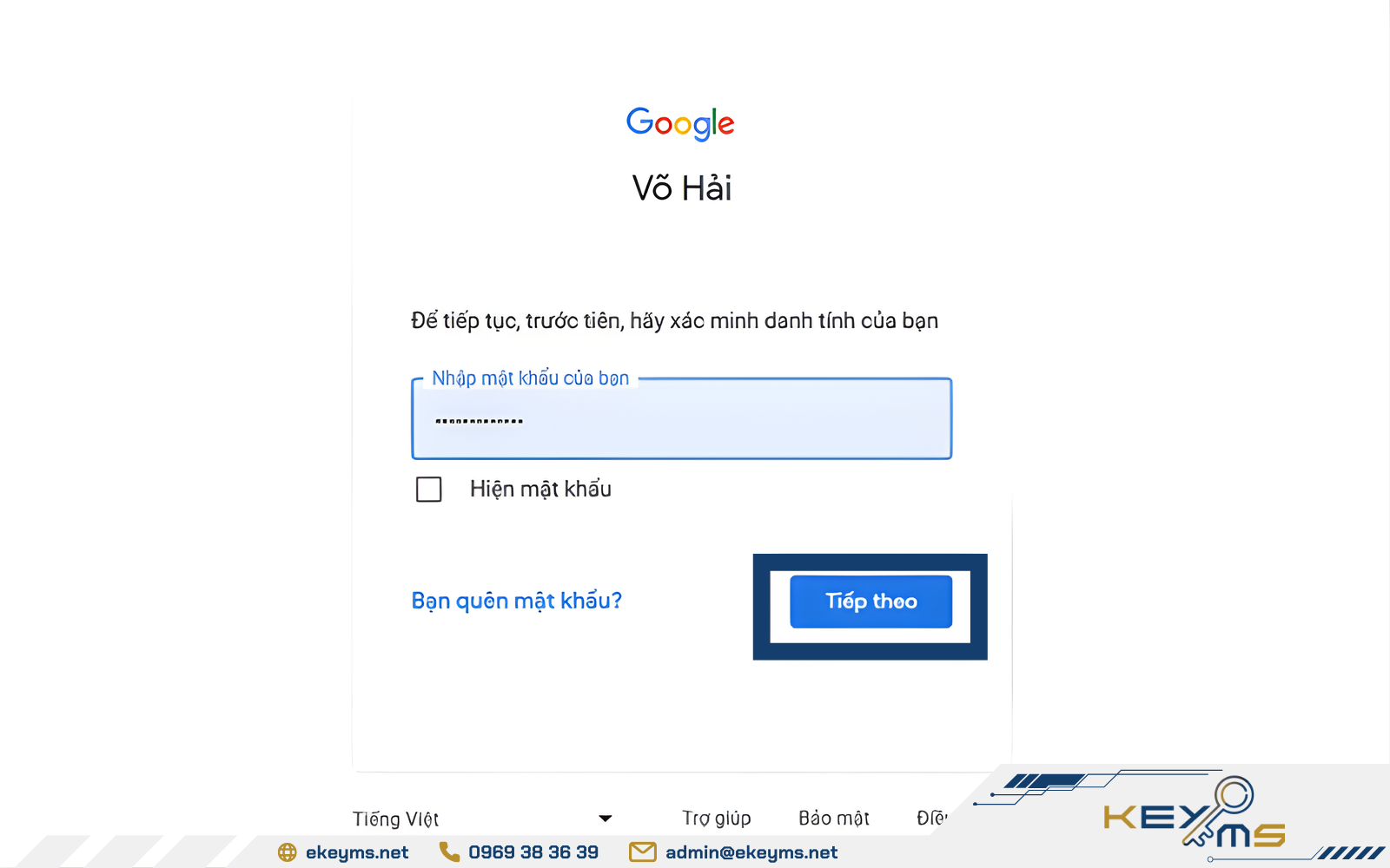 Điền đầy đủ thông tin tài khoản và bấm Tiếp theo