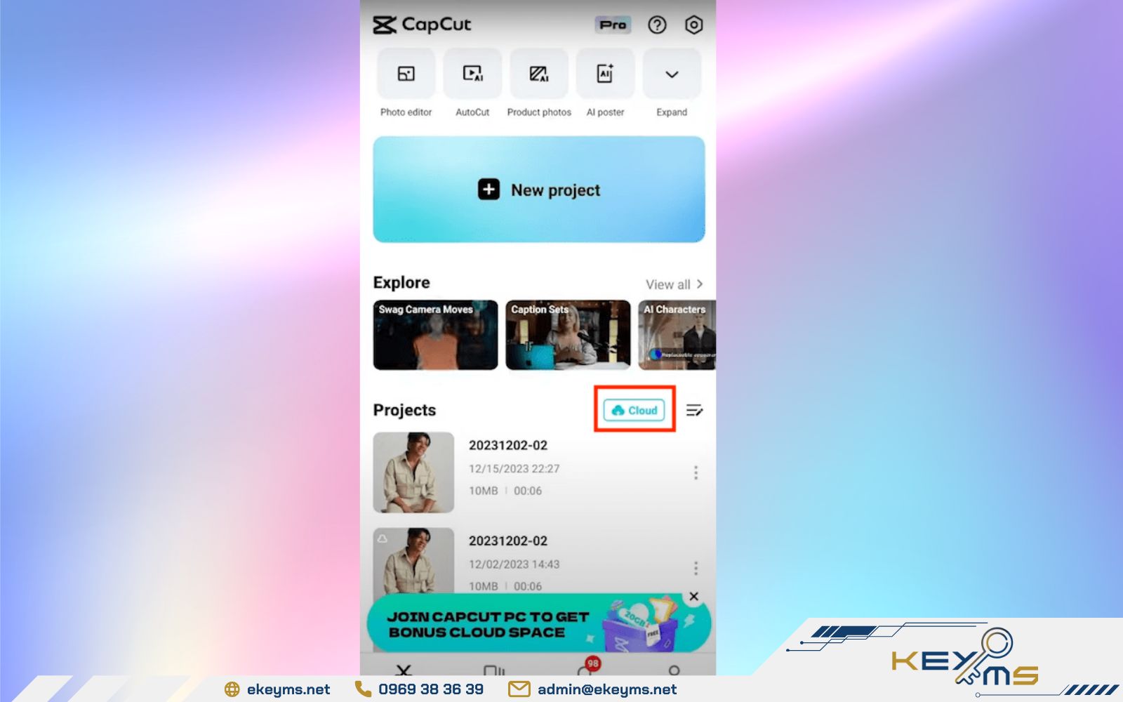 Truy cập mục dự án trong CapCut
