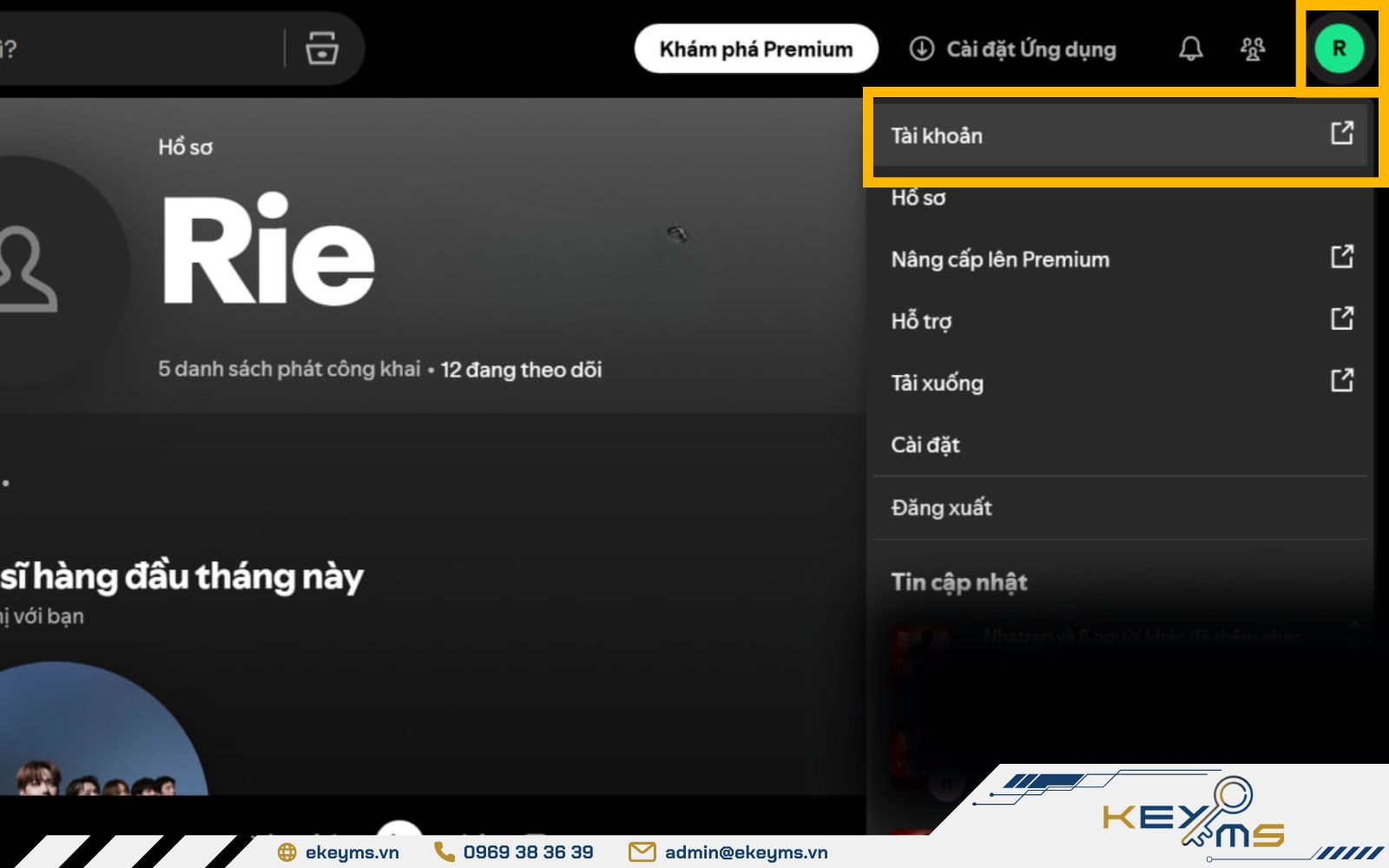 Chọn mục Tài khoản