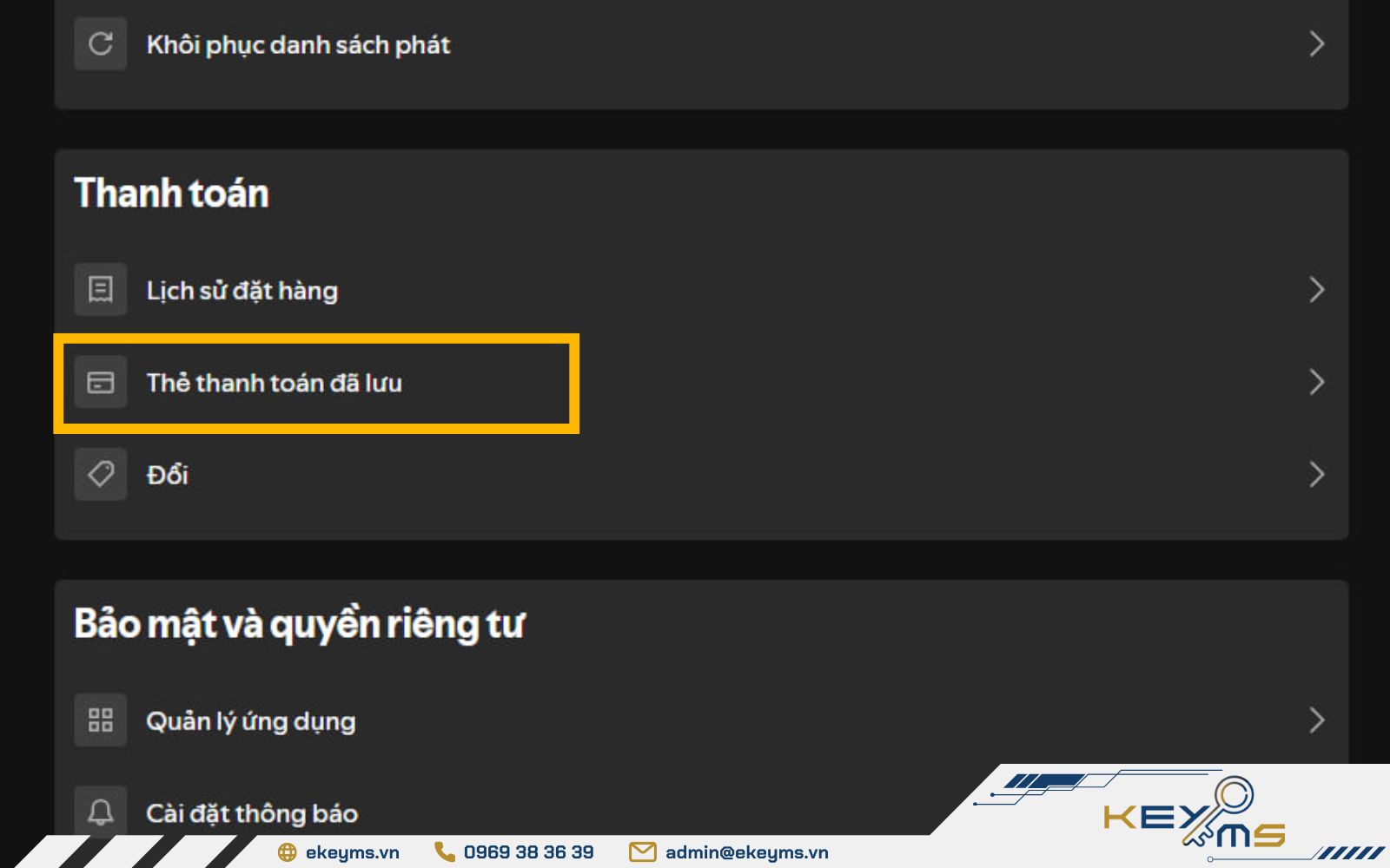 Chọn mục Thẻ thanh toán đã lưu