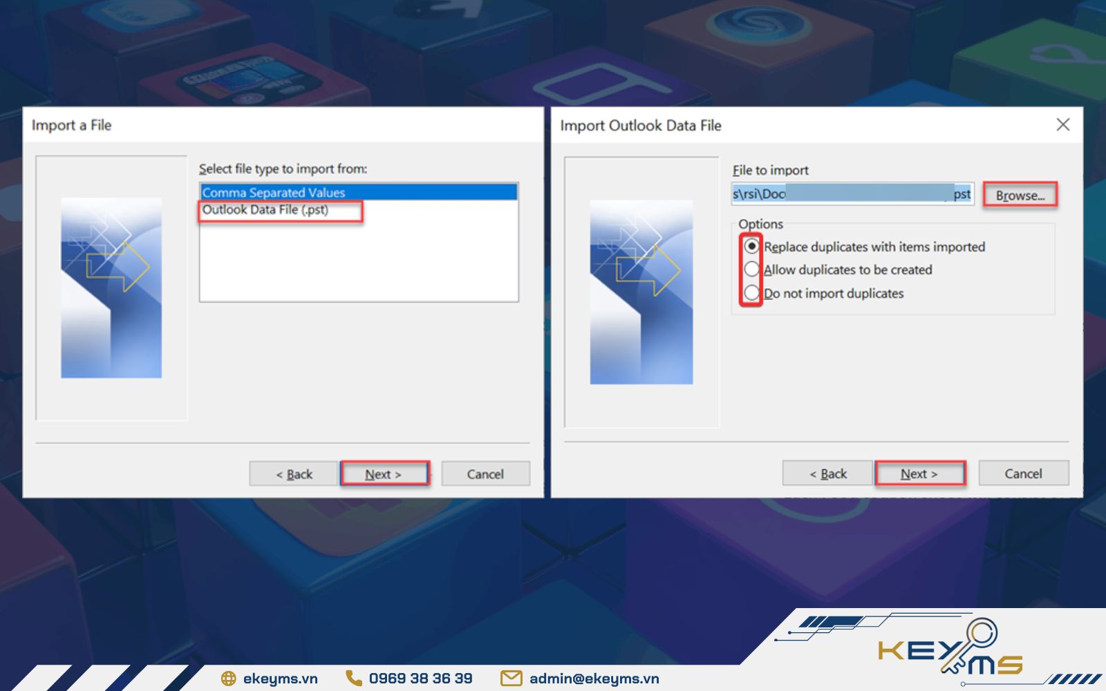 Tùy chọn tệp .pst cần nhập vào Office 365