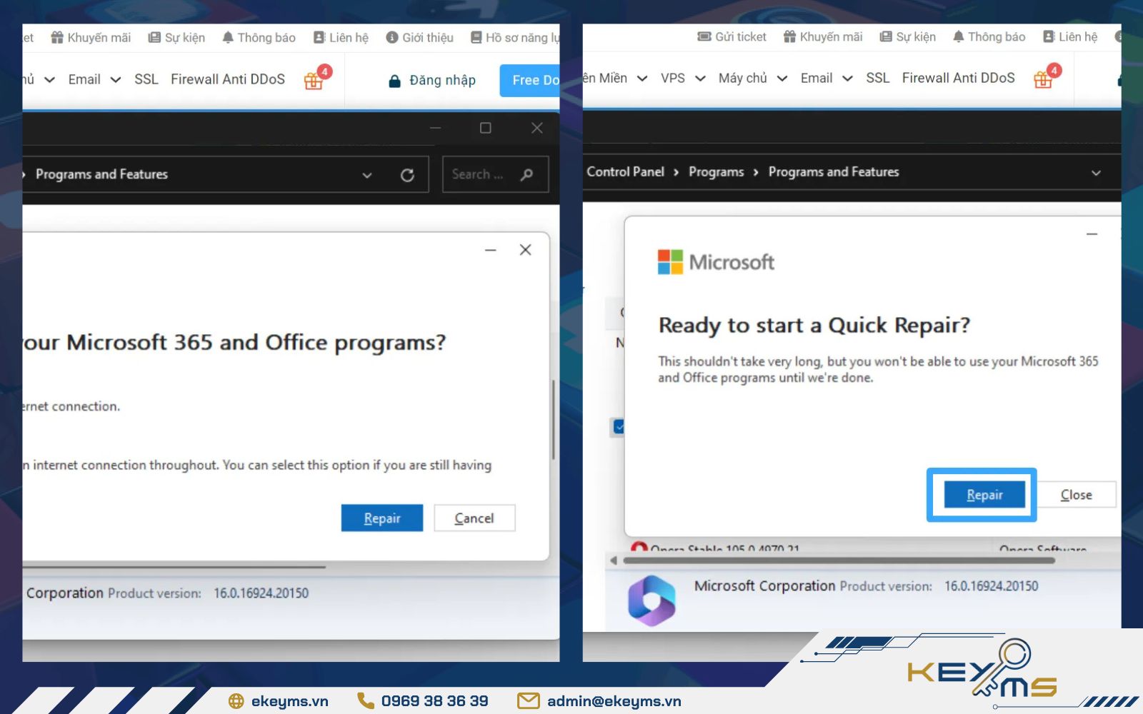 Chọn Repair để sửa lỗi không nhận được mail trong outlook trên Office 365