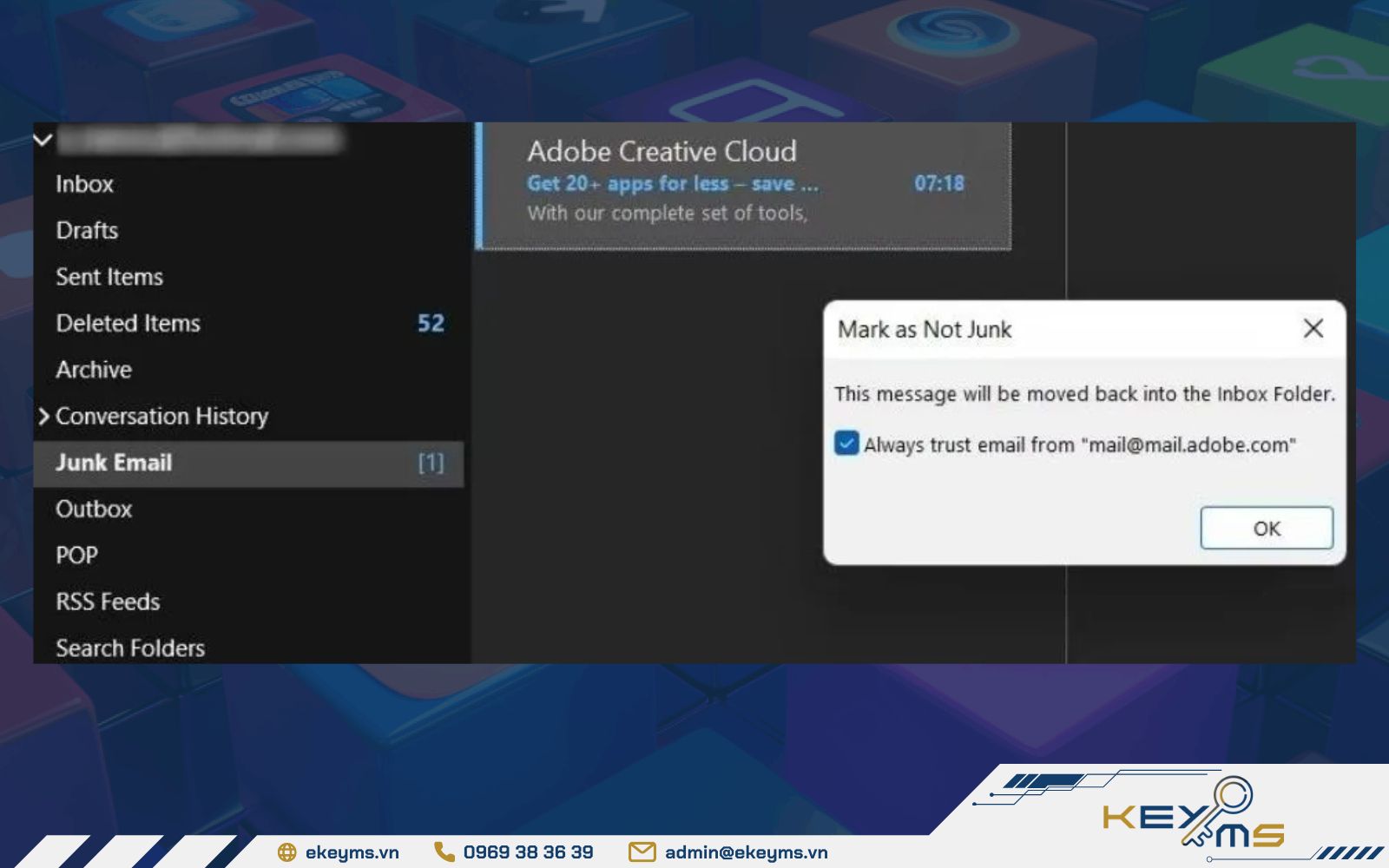 Chọn Mark as Not Junk để xác nhận là Outlook không tự động chuyển thư vào Spam