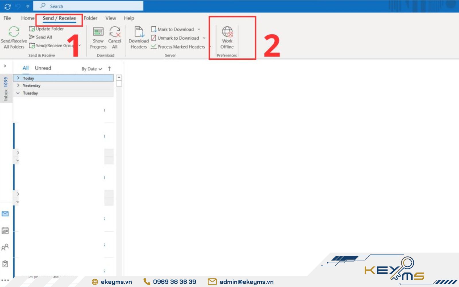 Tắt chế độ Work Offline để Outlook kết nối lại server và nhận mail bình thường