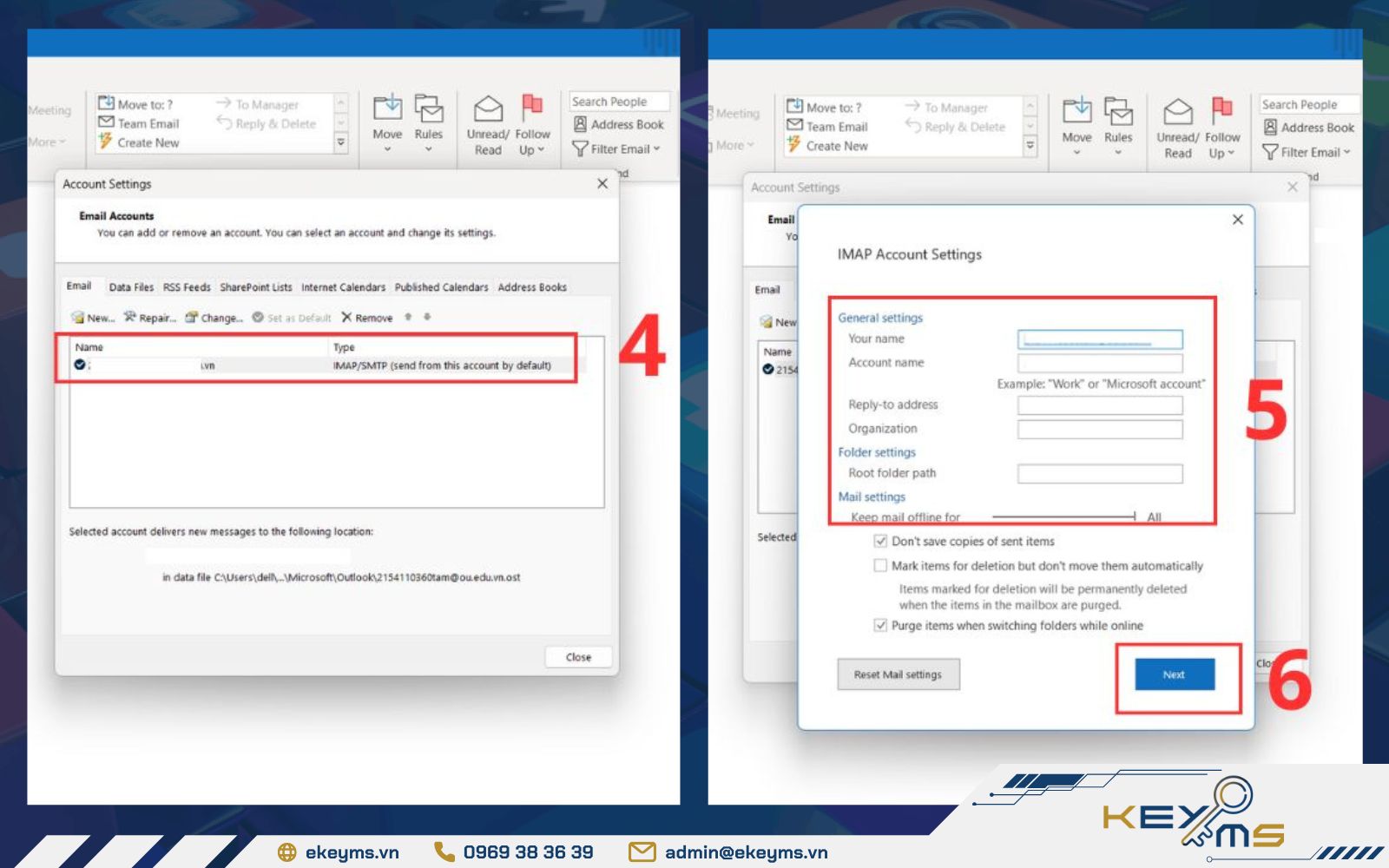Nhập lại các thông tin cần điều chỉnh để toàn tất khắc phục lỗi outlook không nhận được mail