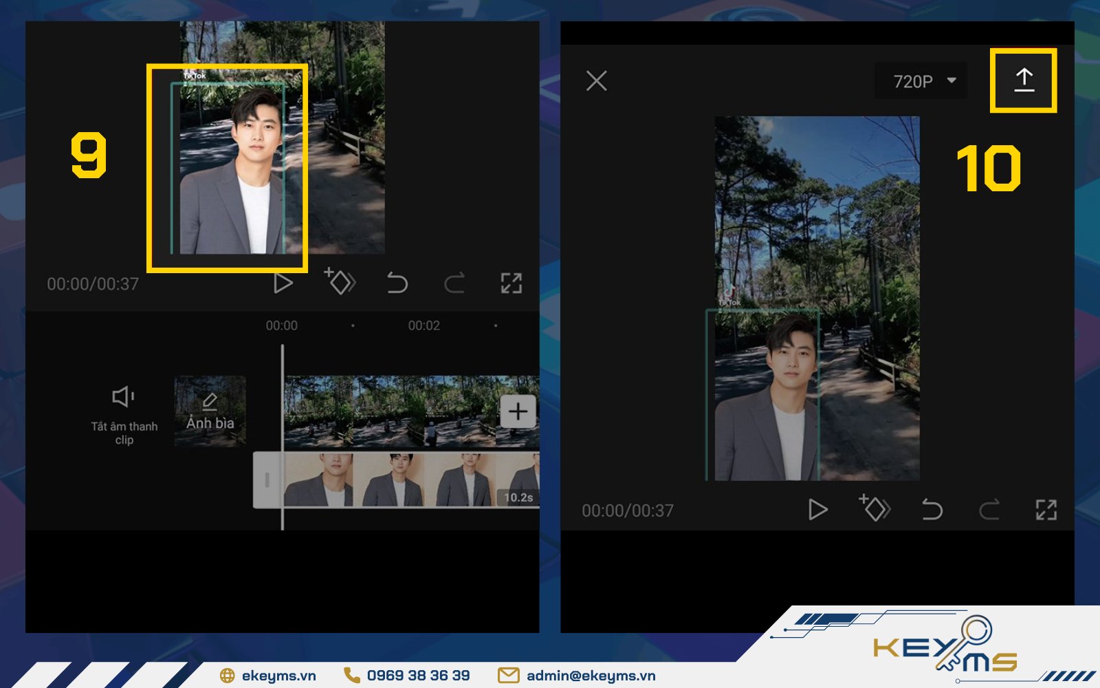 Chỉnh lại video đã xóa nền và bấm vào biểu tượng mũi tên để xuất video về máy