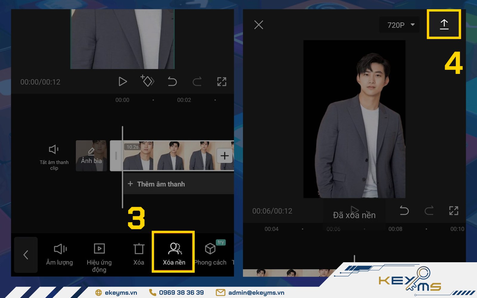 Chọn tính năng Xóa nền, tiếp theo bấm vào biểu tượng mũi tên để tải video về