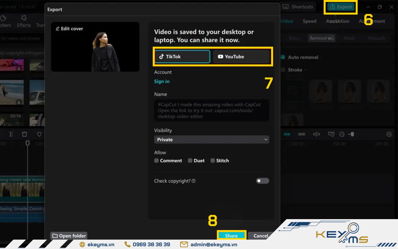 Sau khi xóa nền video CapCut xong, bấm chọn xuất